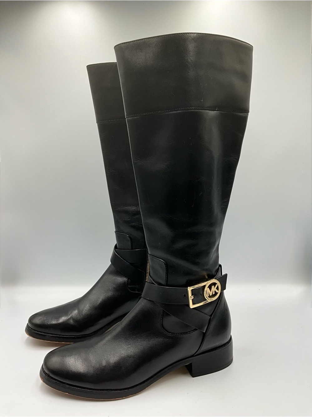 Michael Kors Boots Size 7 Black Leather Over-the-Knee Boots with Gold MK Buckle